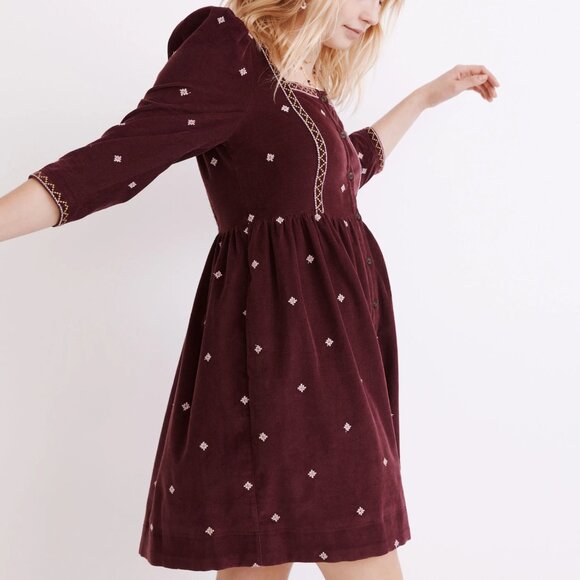 Madewell Embroidered Corduroy Button-Front Mini Dress | Size 2 | MSRP $148 - Picture 1 of 7